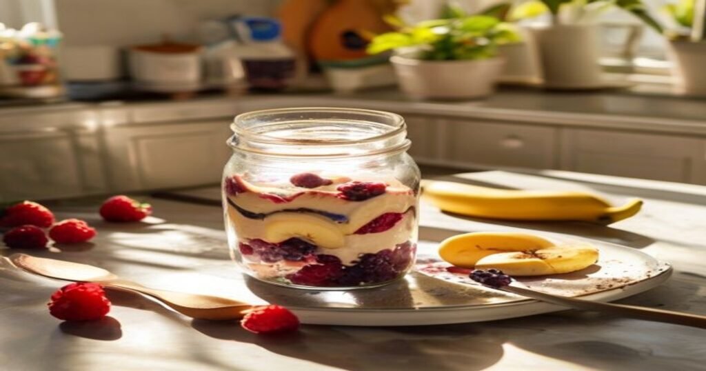 Here are some concise and SEO-friendly alt text options under 120 characters for your image: 1. **Overnight vegan chia oats in a jar with toppings – easy snooze-button breakfast.** (78 chars) 2. **Quick vegan breakfast: overnight chia oats with fruit and nuts.** (60 chars) 3. **No-cook vegan chia oats – perfect for a lazy morning meal.** (62 chars) 4. **Healthy overnight oats with chia seeds, plant-based milk, and toppings.** (70 chars) 5. **Vegan chia oats prepped overnight for a fast, nutritious breakfast.** (68 chars)