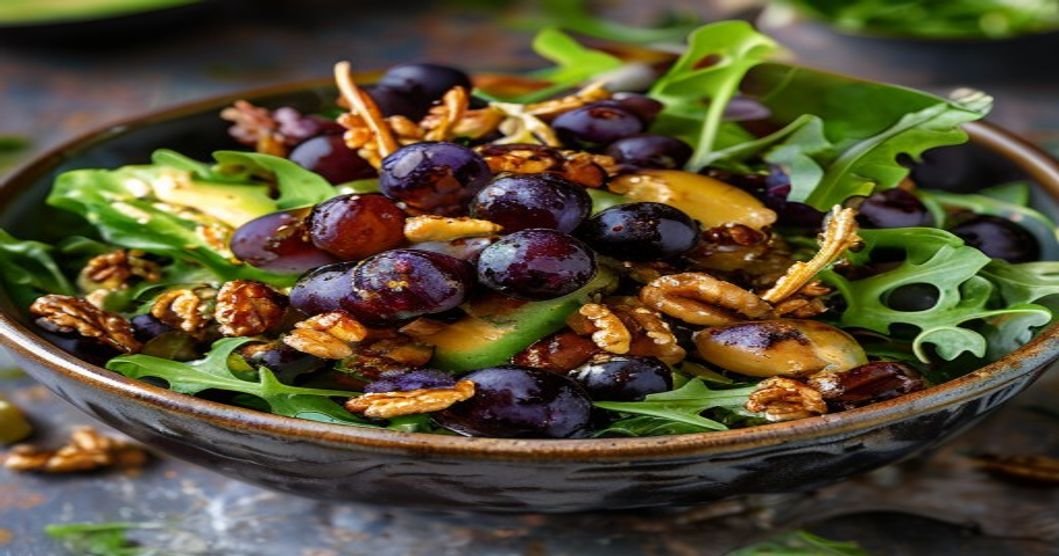 Roasted grapes add sweetness & texture to vegan salads for extra flavor & nutrition.