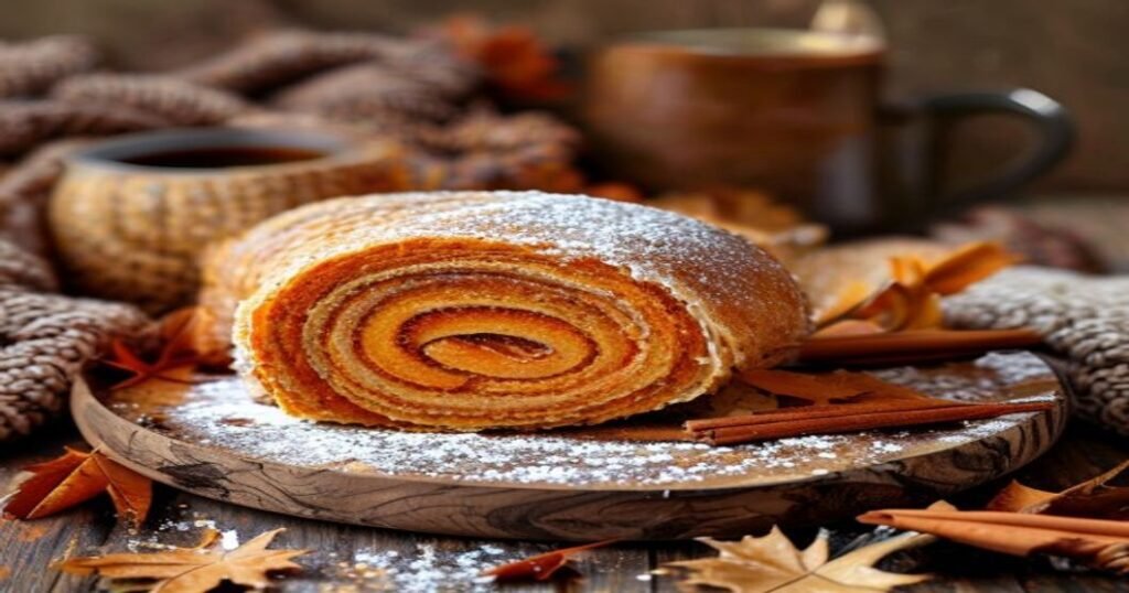 Vegan pumpkin roll with spiced filling and moist cake perfect for fall desserts (119 characters)