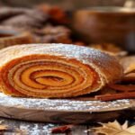 Vegan pumpkin roll with spiced filling and moist cake perfect for fall desserts (119 characters)