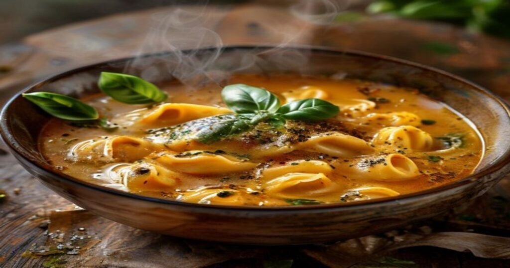 Creamy vegan tomato tortellini soup in a bowl