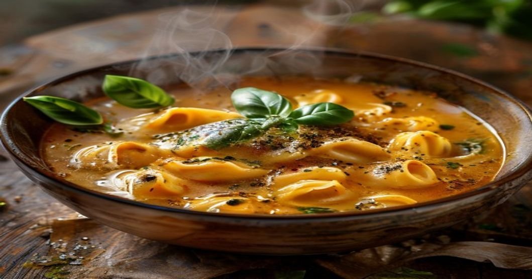 Creamy vegan tomato tortellini soup in a bowl