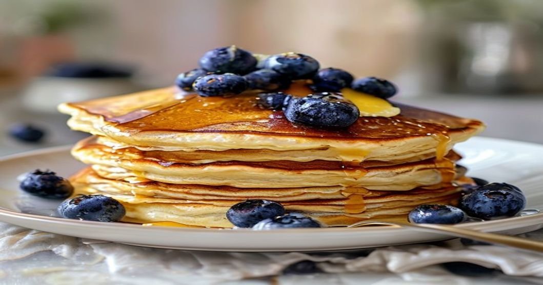 Fluffy vegan lemon blueberry pancakes stack