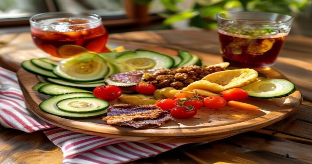Vegan snack plate for a lazy afternoon with fresh fruits and nuts