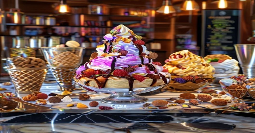 Vegan ice cream sundae bar with toppings and cones