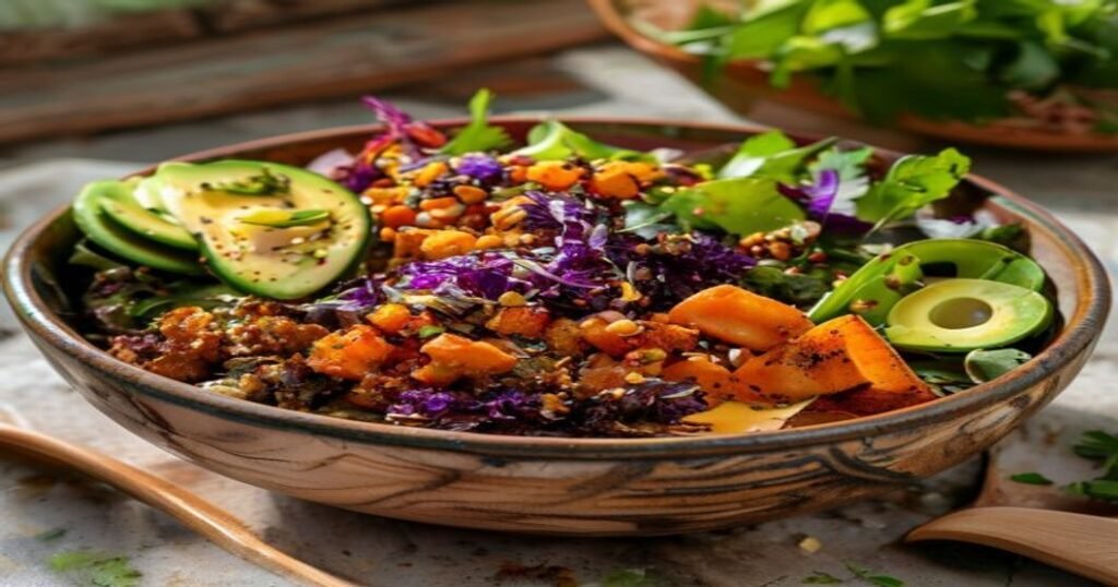 Vegan power bowl recipe with fresh veggies, grains & protein