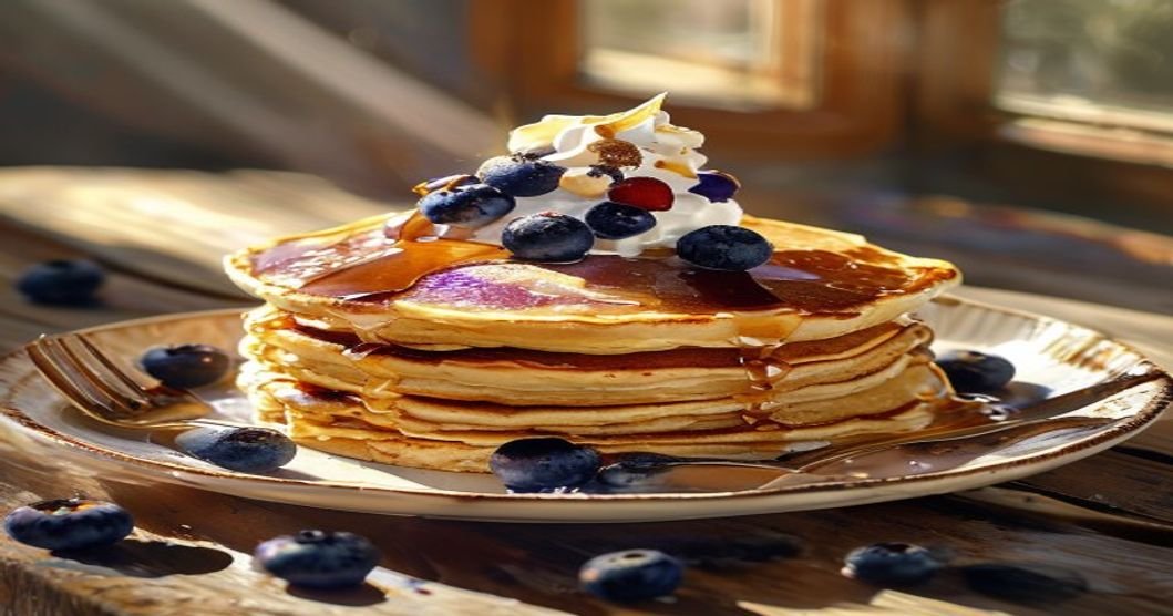 Fluffy vegan blueberry pancakes stacked high with fresh berries