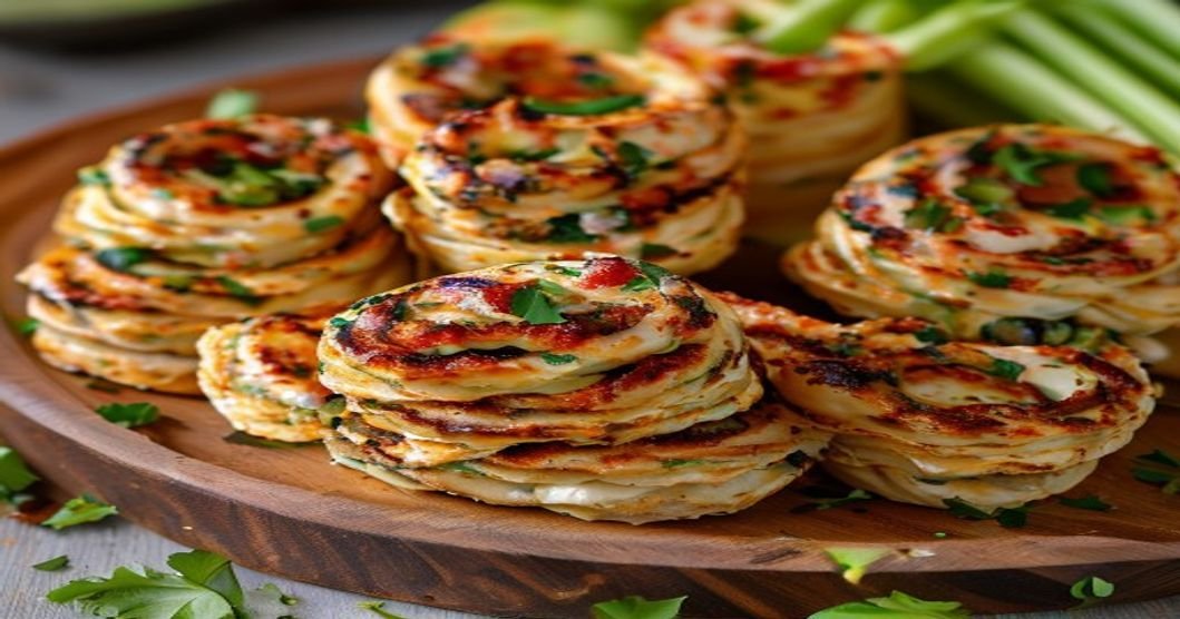 Vegan Buffalo Chickpea Pinwheels recipe with creamy filling