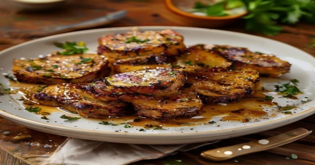 Roasted cabbage steaks with garlic butter on a plate