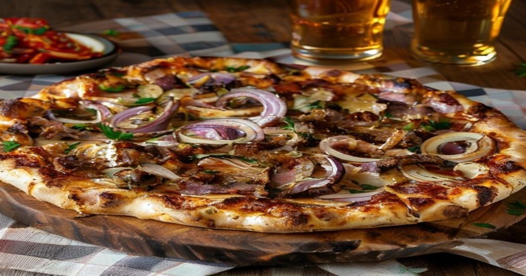 Vegan Philly cheesesteak pizza with peppers & onions on crispy crust